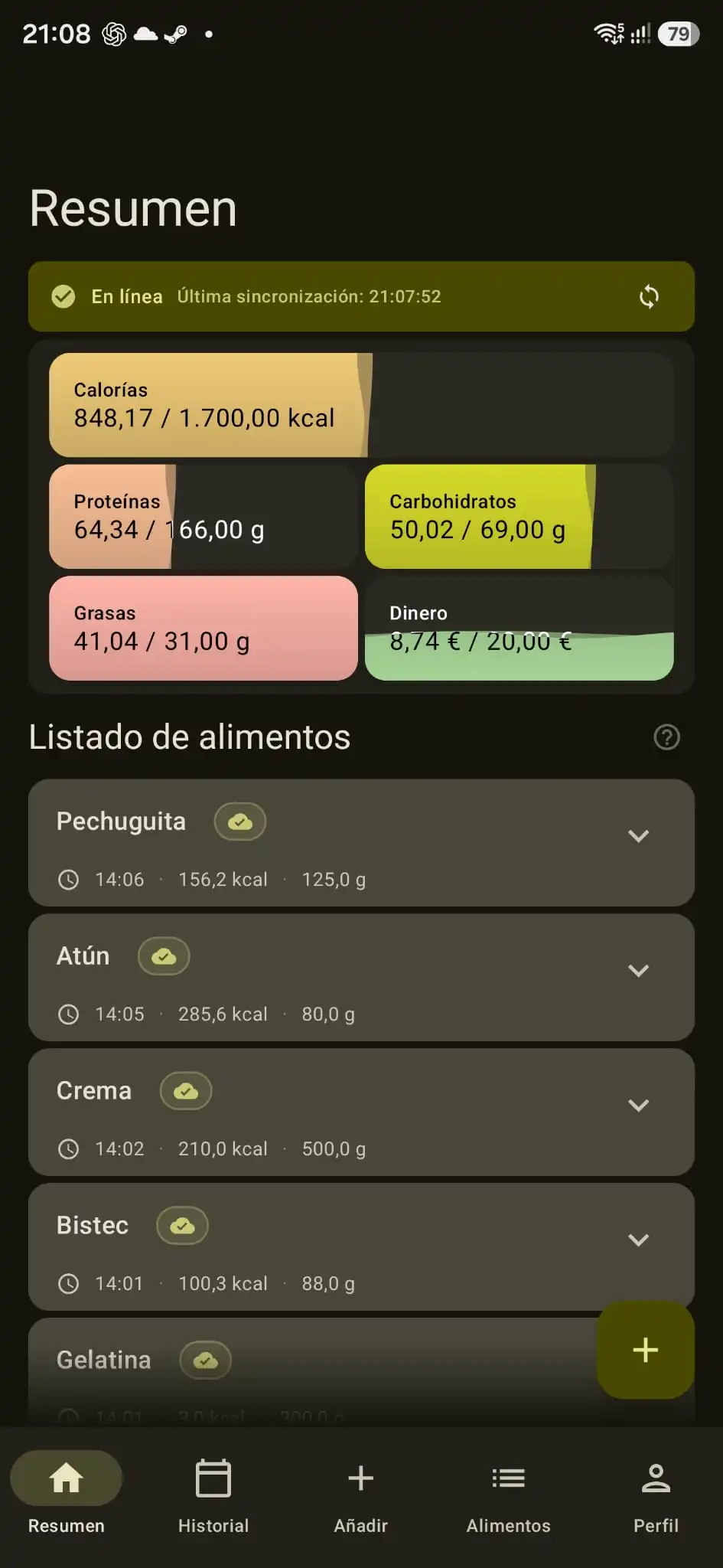Calorie Monitor dashboard
