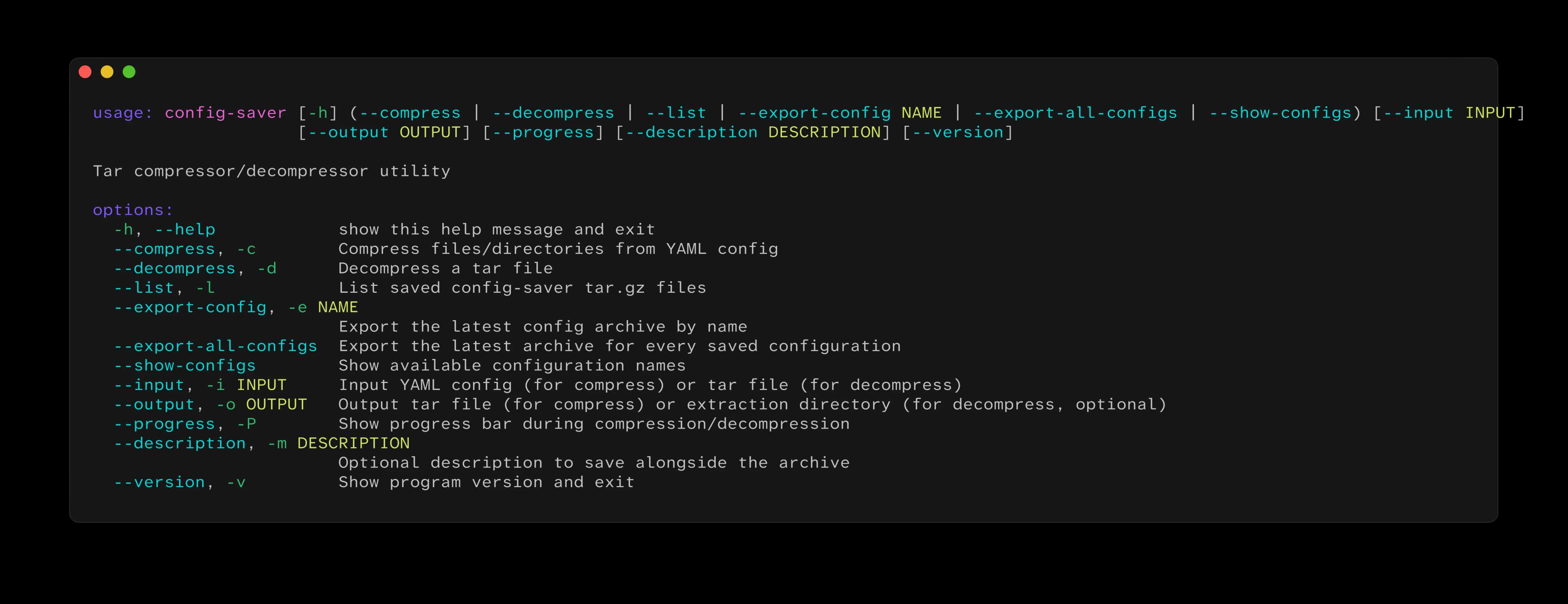 Config Saver help command