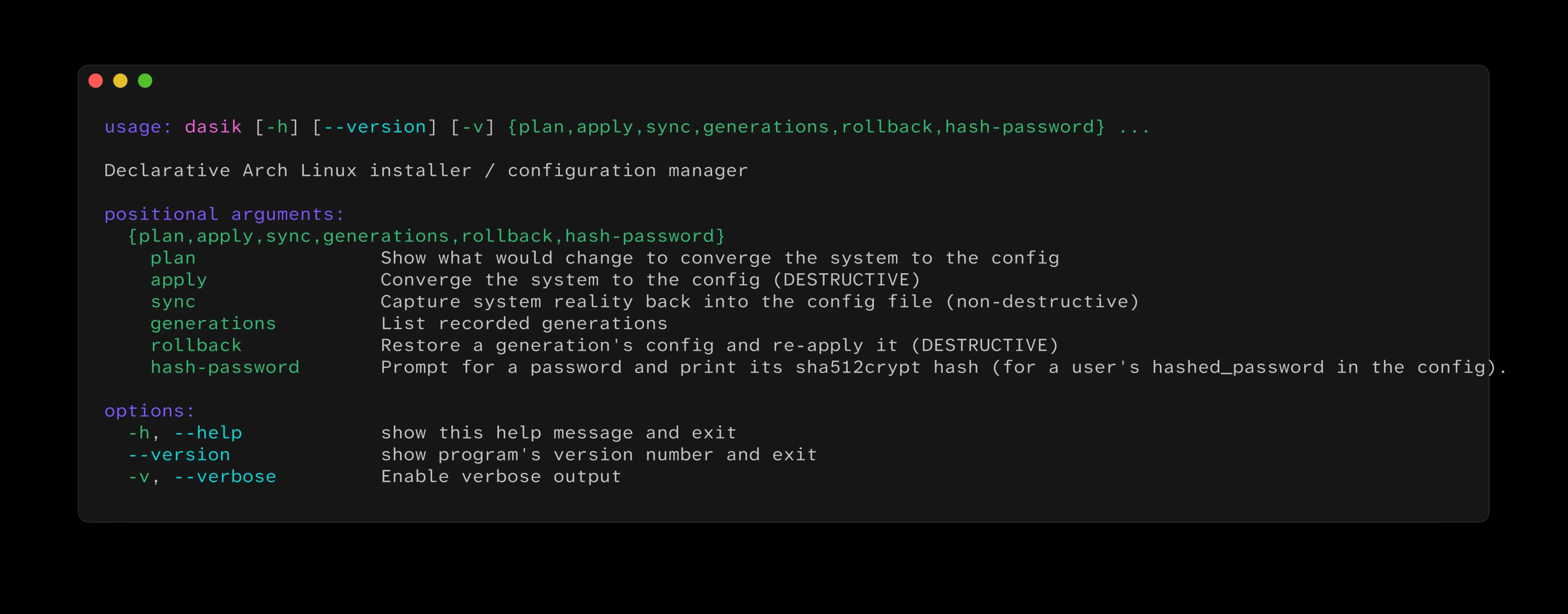Dasik help command