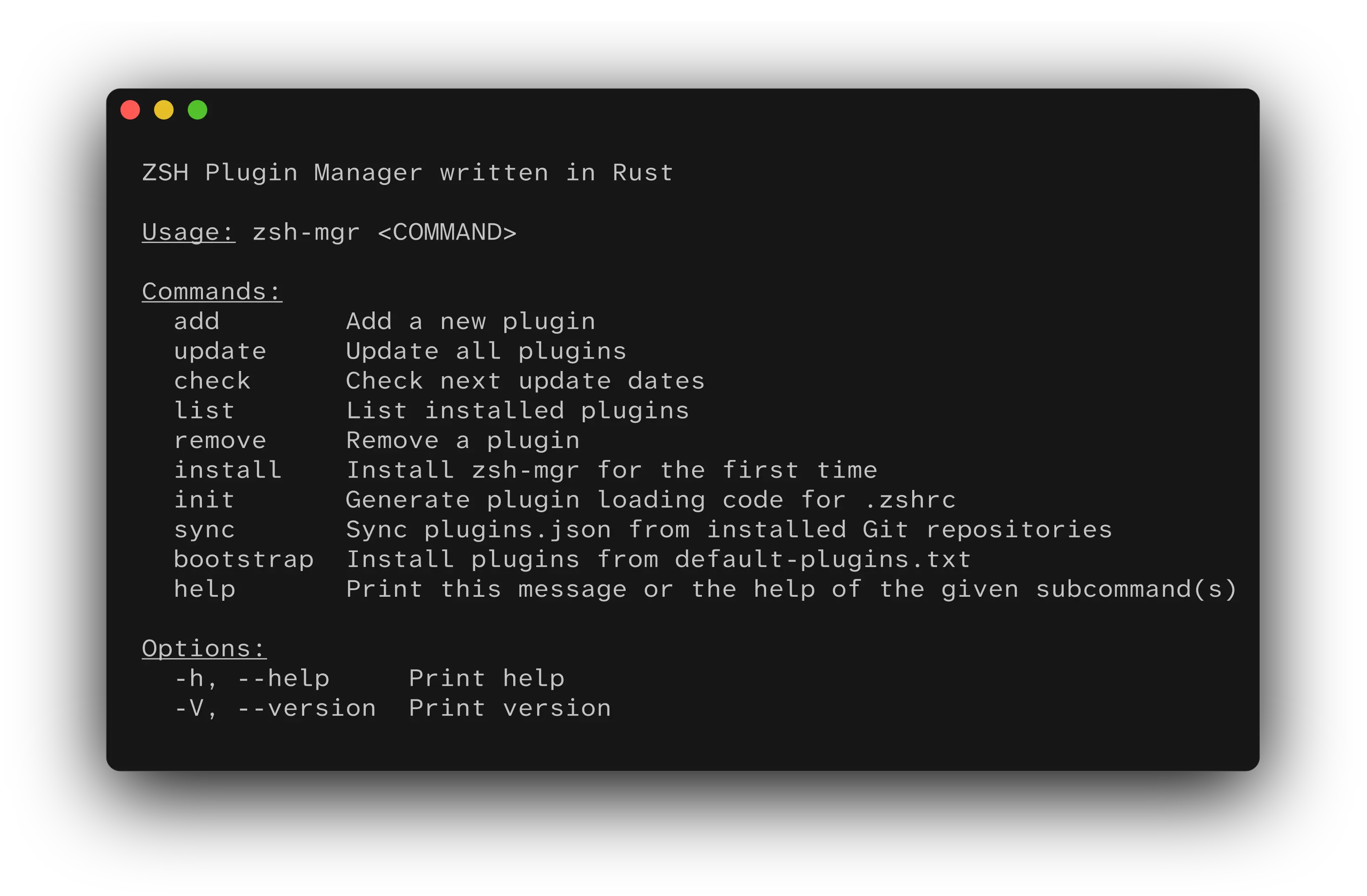 zsh-mgr help command